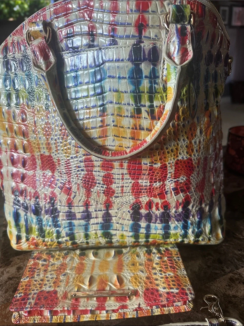 Brahmin Multicolor Croc-Embossed Dome Satchel with Matching Wallet and strap